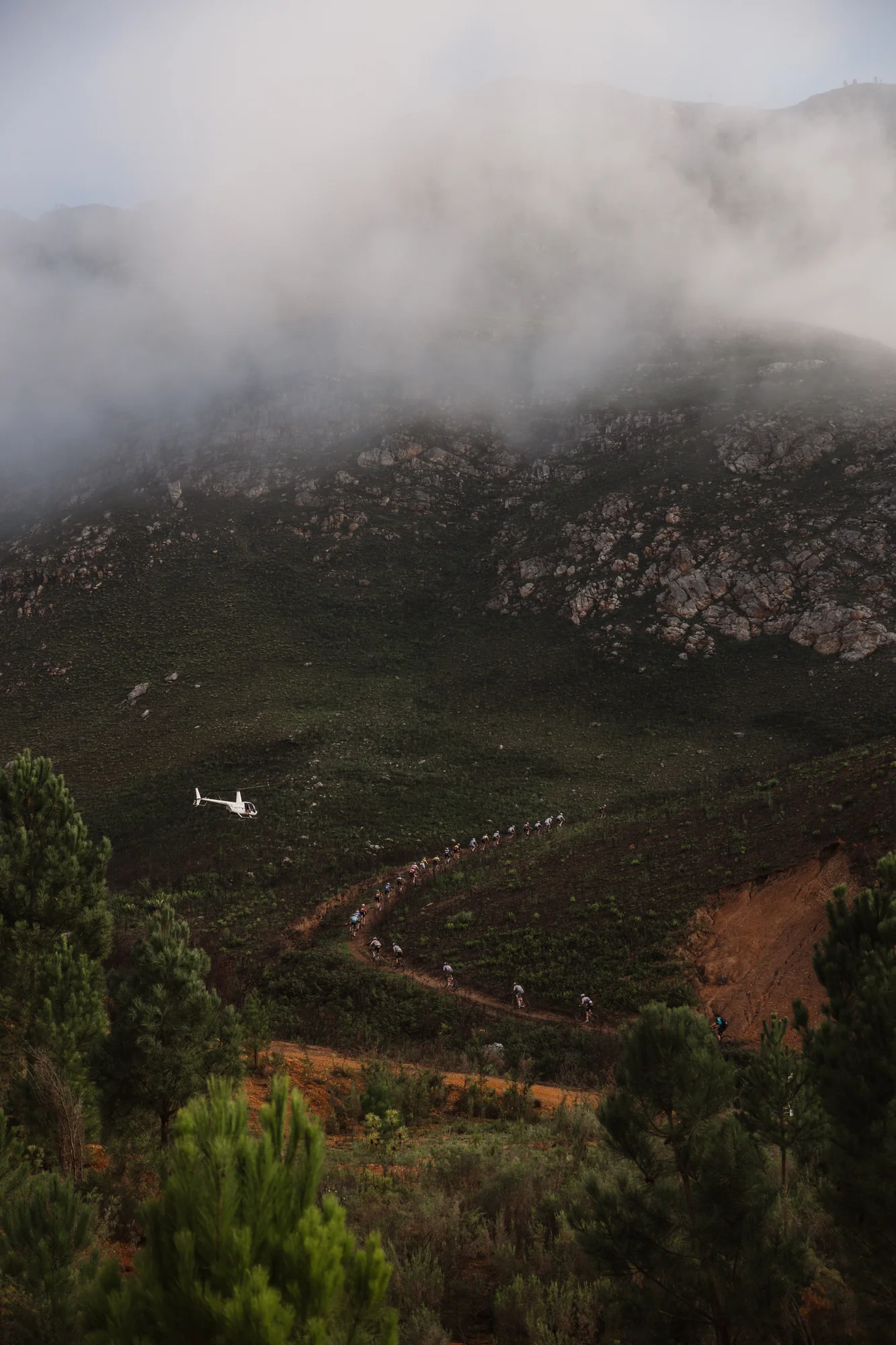 A misty mountain landscape, wide