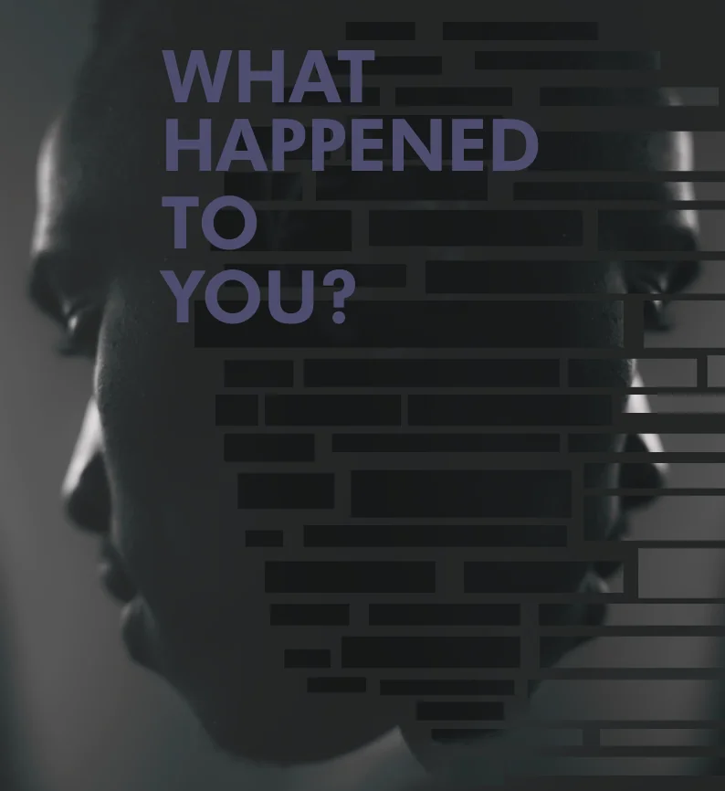 Cover of 'What Happened To You?' — a man's face partly obscured by redacted black bars.